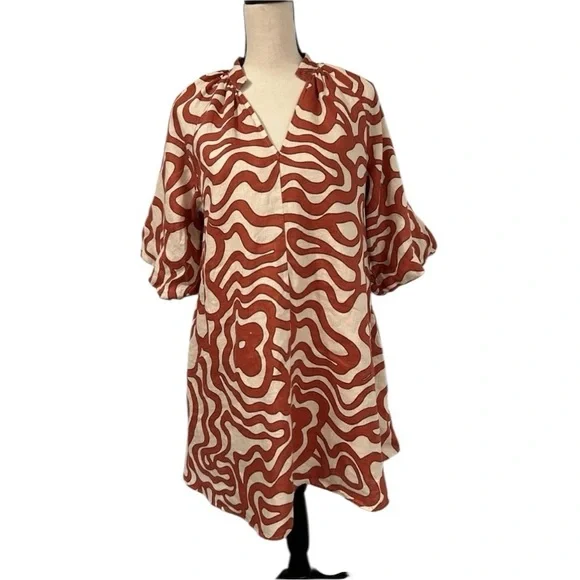 Magaschoni size Large 100% Linen Dress Puffy Sleeves Pockets Lined Rust Tan - Picture 3 of 8